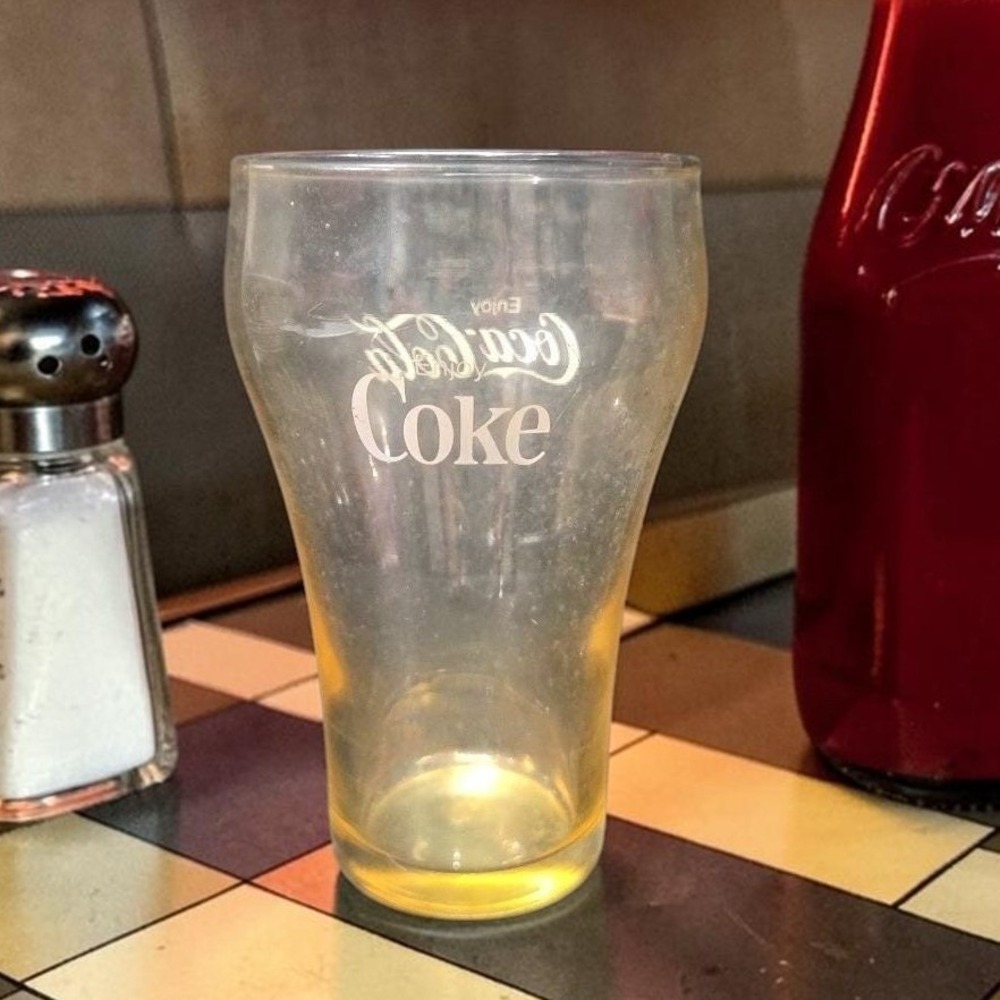 Coca Cola "Enjoy Coke" Orange Tint Tumbler, Vintage Bell Top Soda Fountain Glass